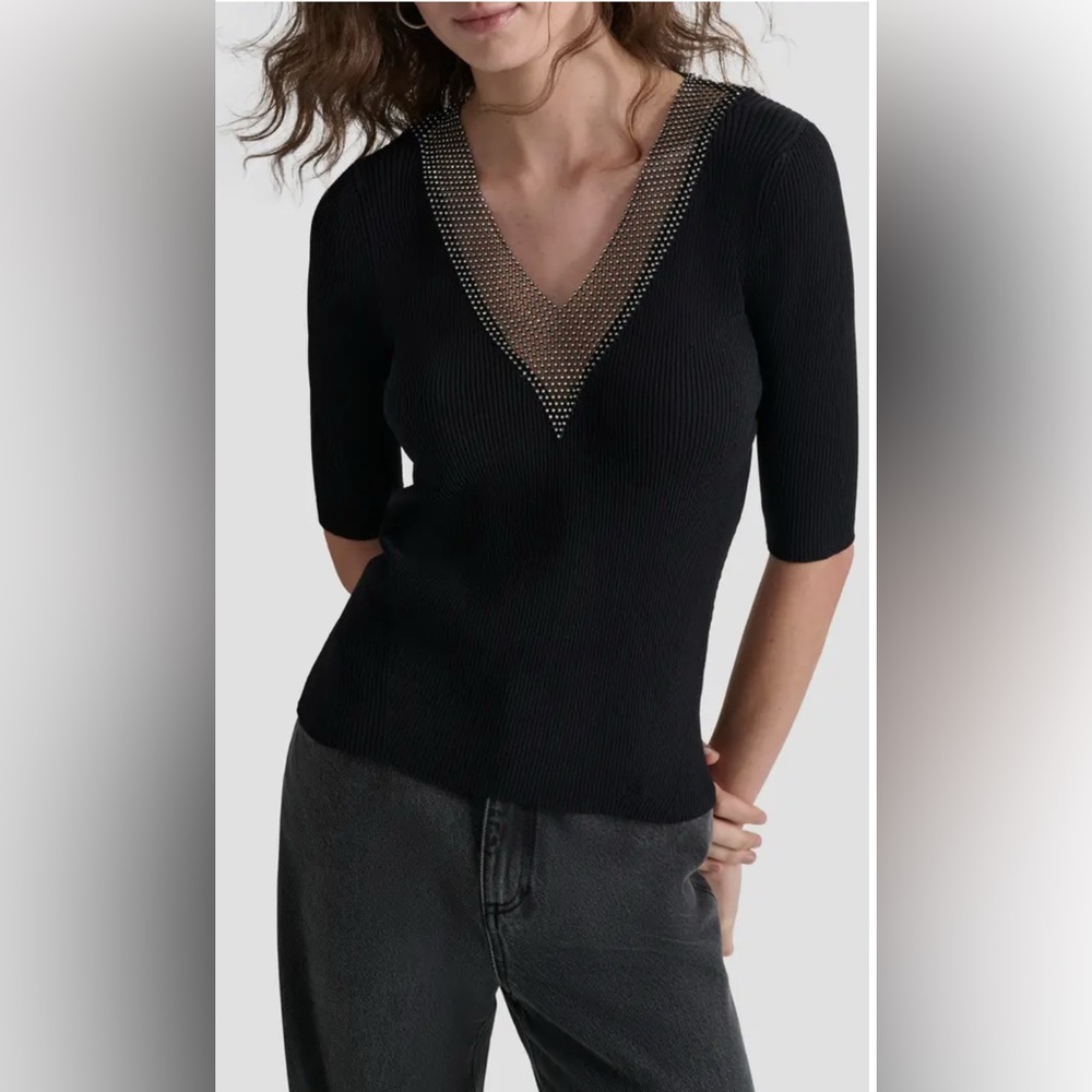 Crystal Embellished Elbow Sleeve V-Neck Sweater